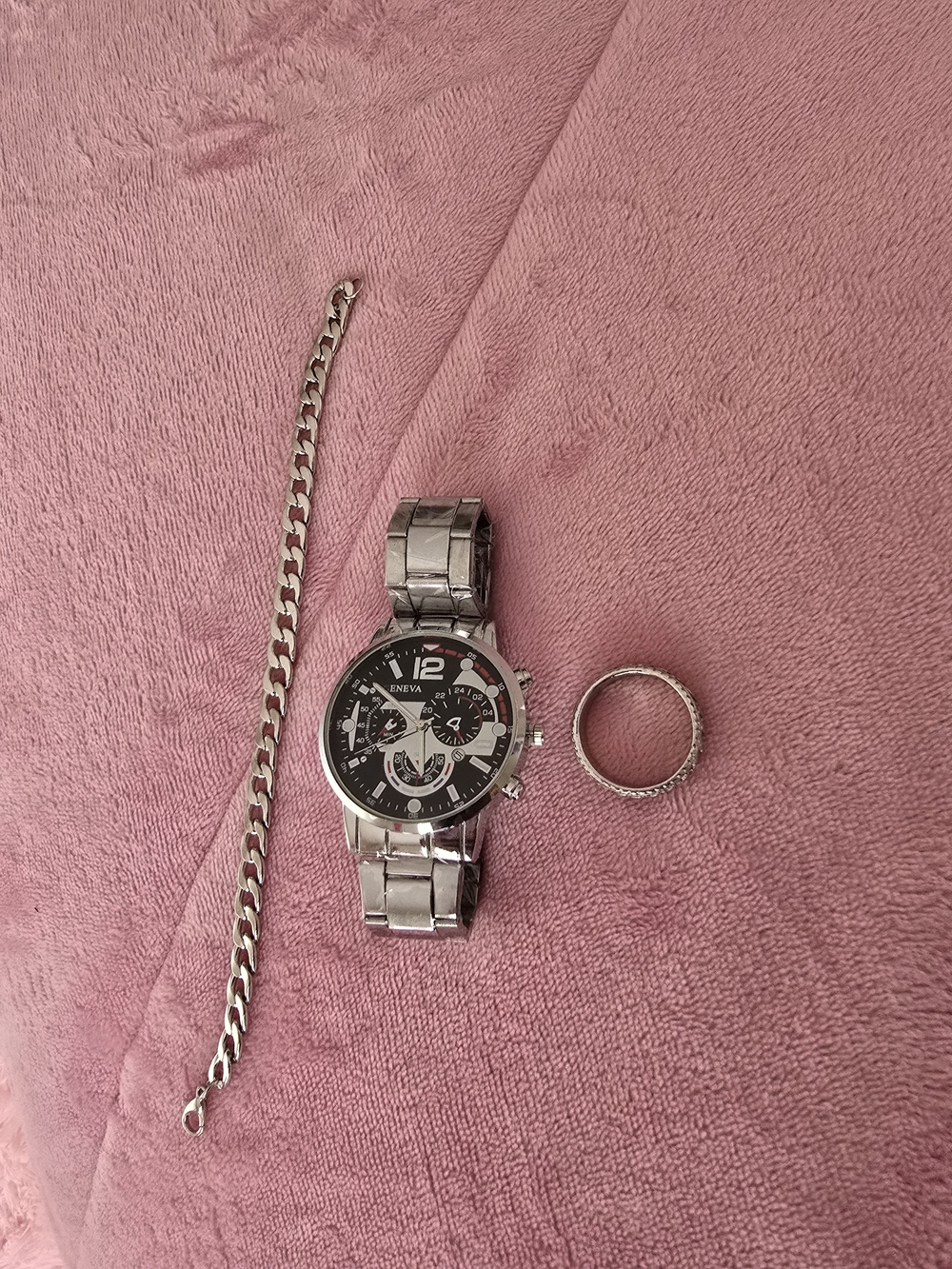 Geneva Silver Watch with Black Dial and Matching Silver Accessories